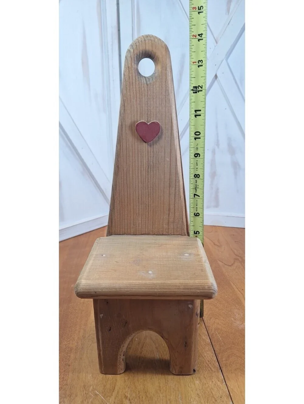 VTG Cottage Core Solid Wood Heart Doll Sized Wooden Chair 14